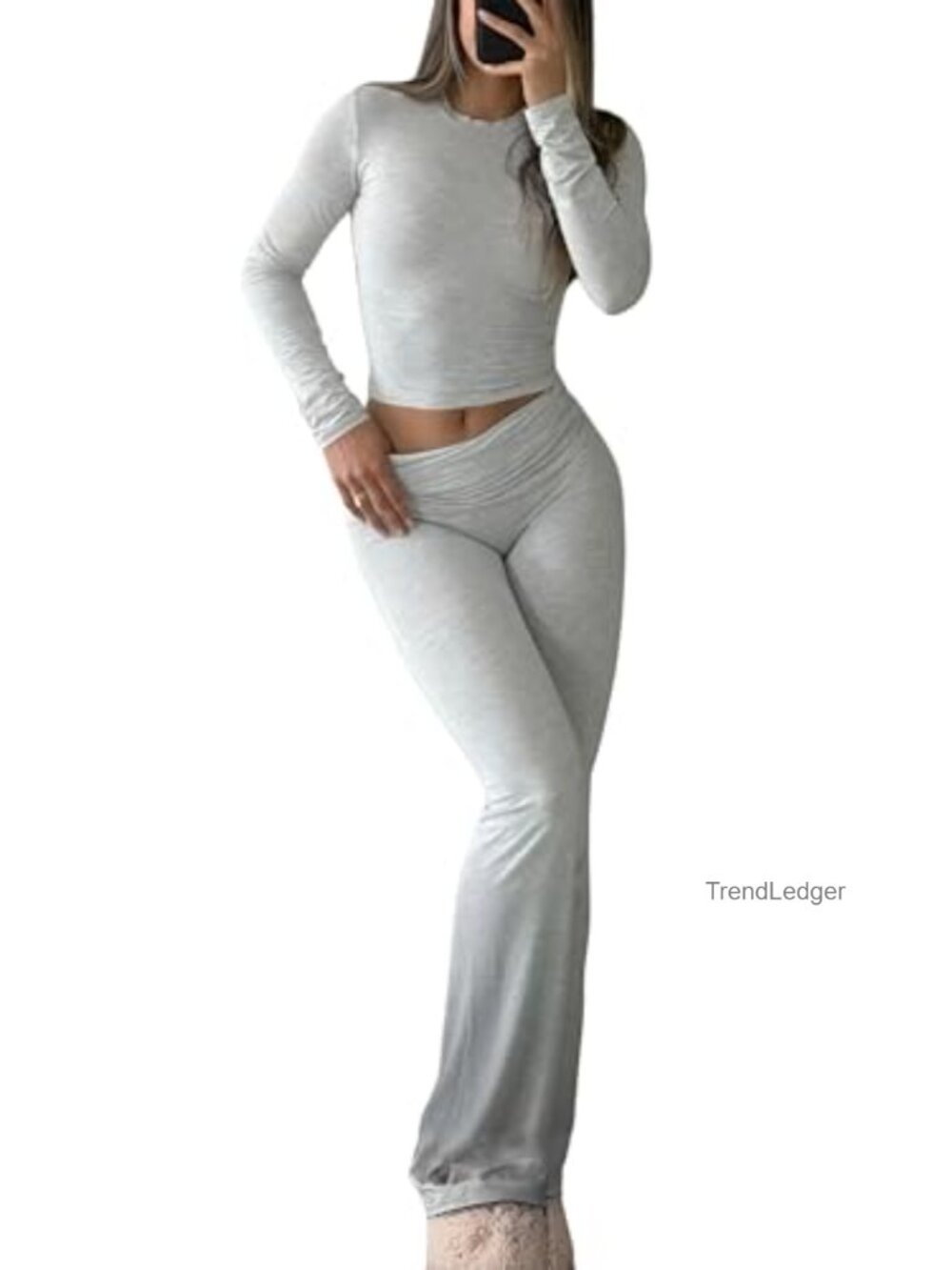 2 Piece Lounge Set Tummy Control Crop Top Flare Pants Soft Knit Y2K